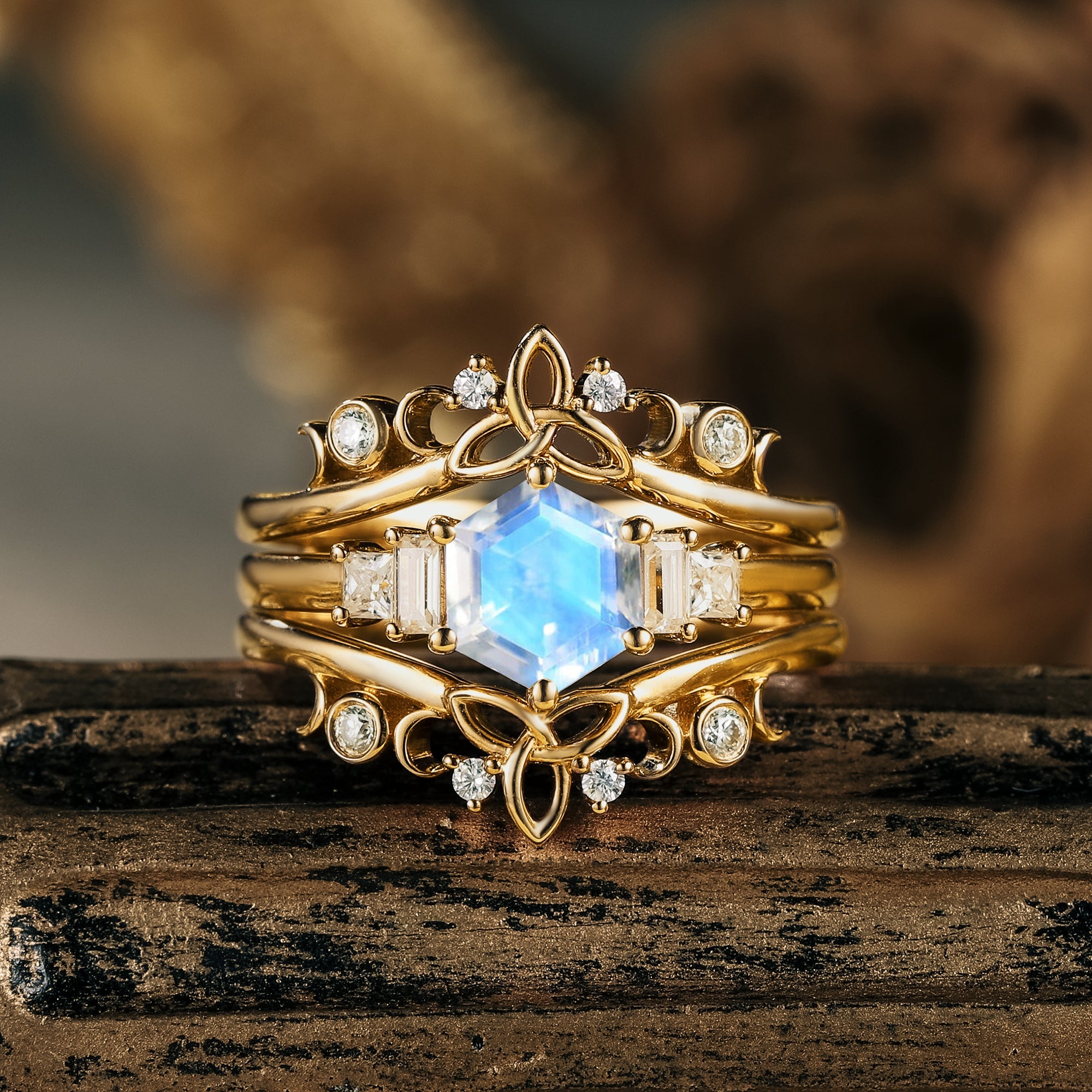 Moonstone Ring Set Unique Art Promise Rings for Women