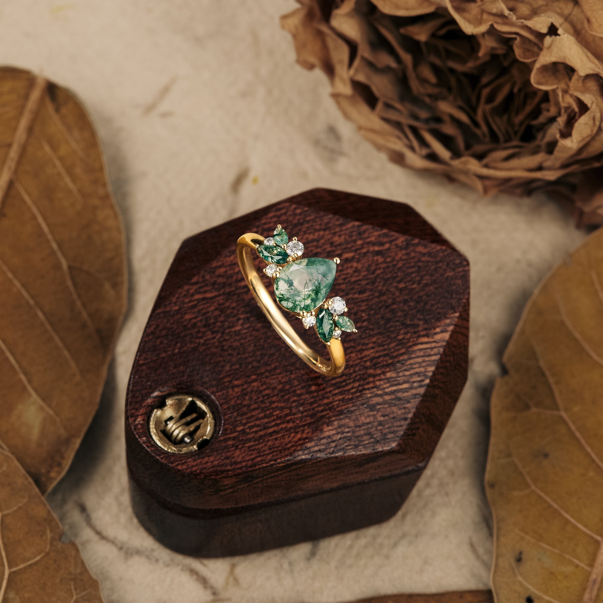 Nature Inspired  Moss Agate Ring 14K GOLD Engagement Ring custom ring
