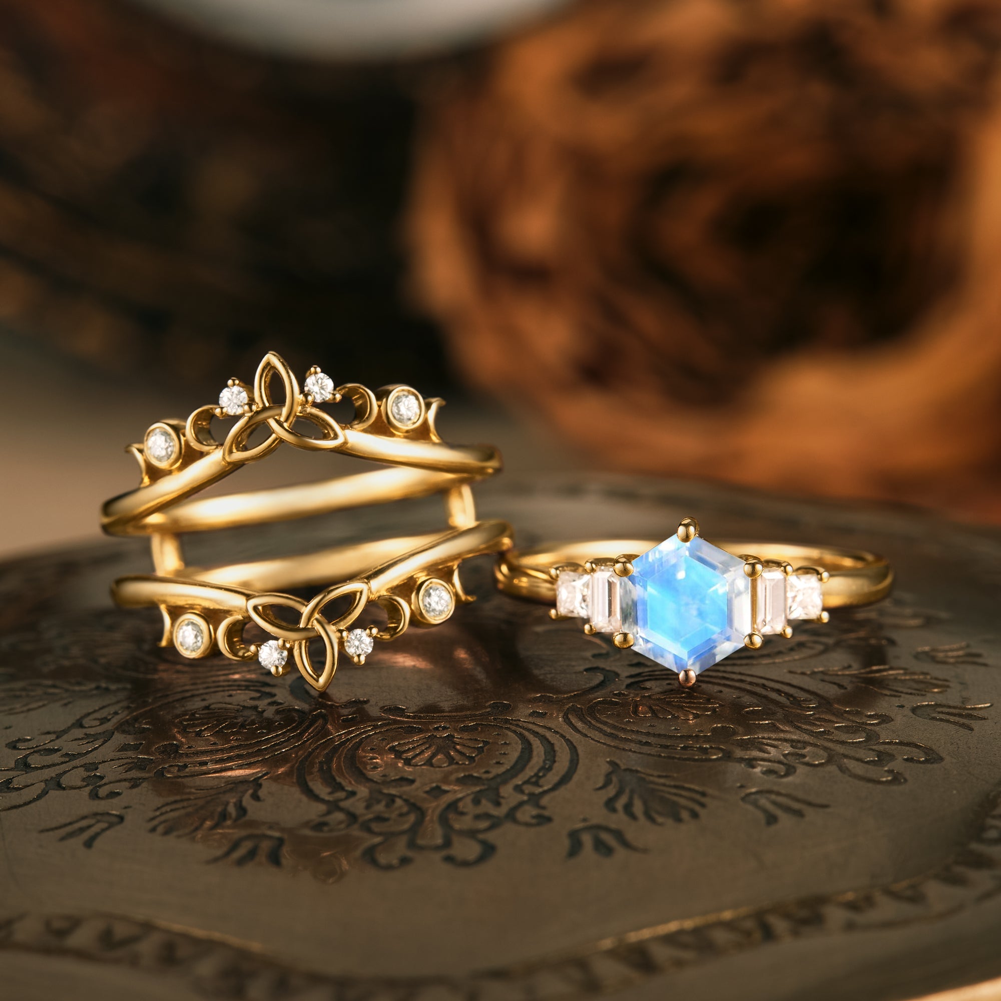 Moonstone Ring Set Unique Art Promise Rings for Women Original jewelry