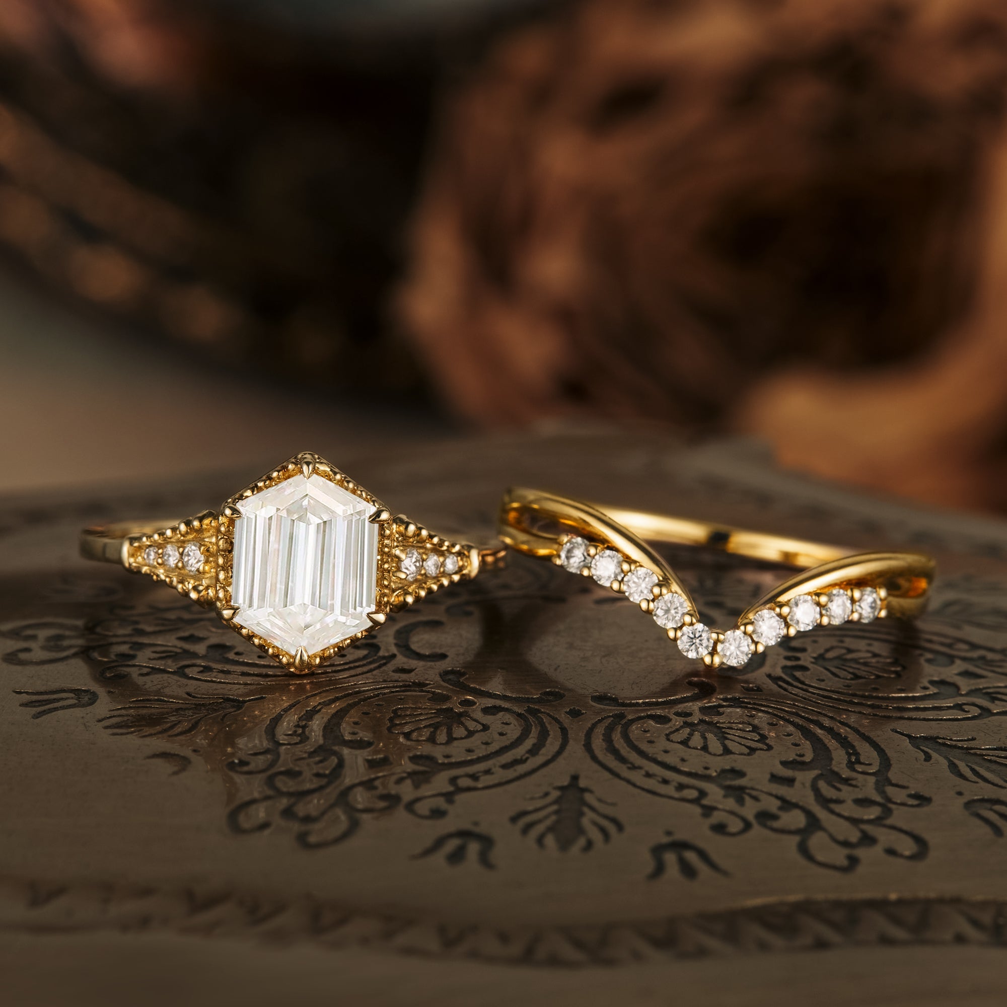 Exclusive Long-hexagon Moissanite Ring Set 2pcs solid gold ring custom