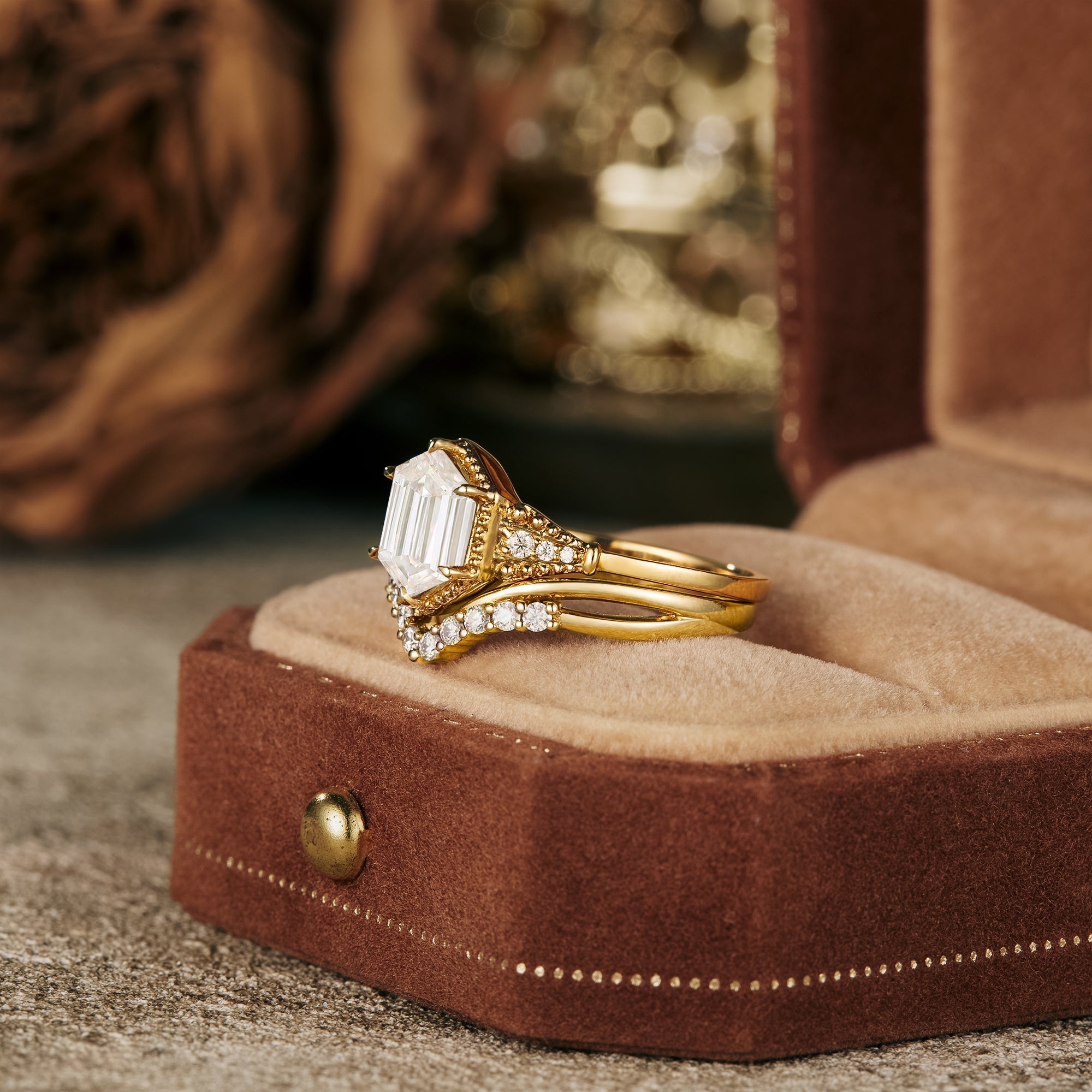 Exclusive Long-hexagon Moissanite Ring Set 2pcs 18k gold ring promise gift