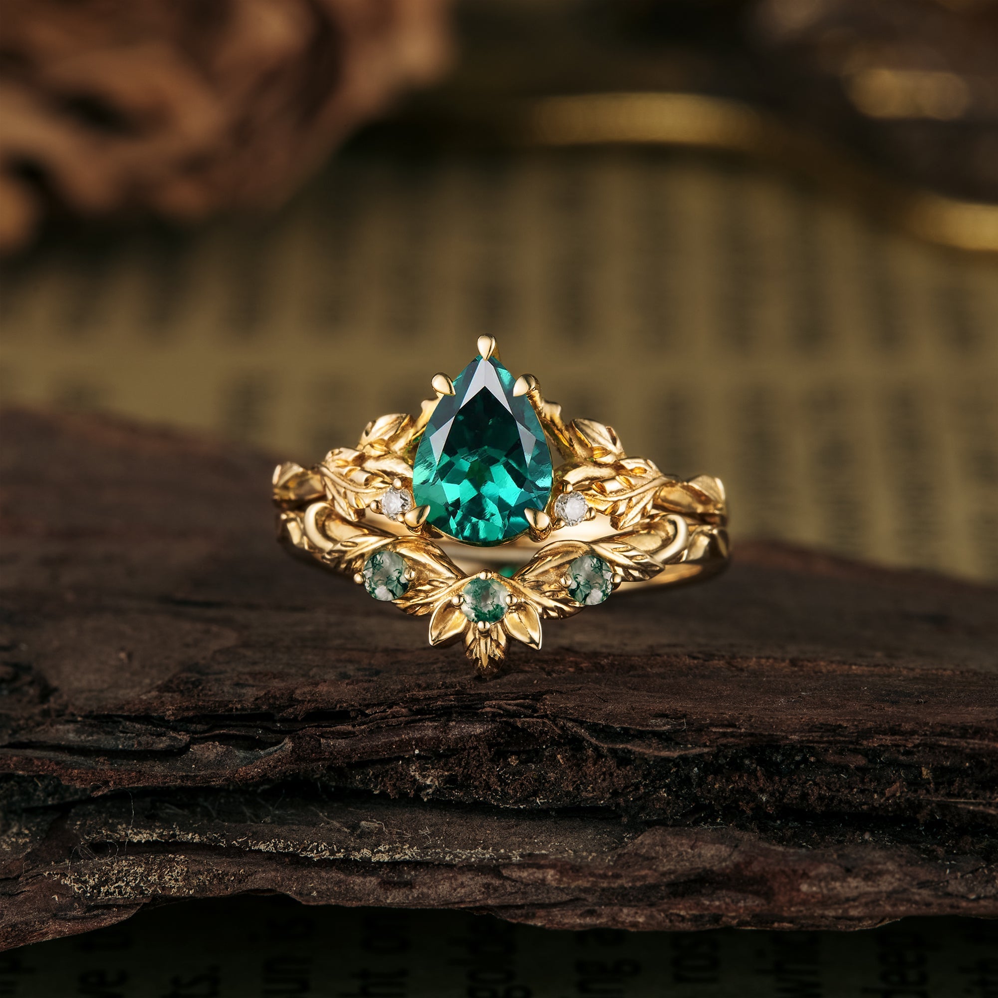 African Violet Inspired Engagement Ring Set 2pcs Emerald ring