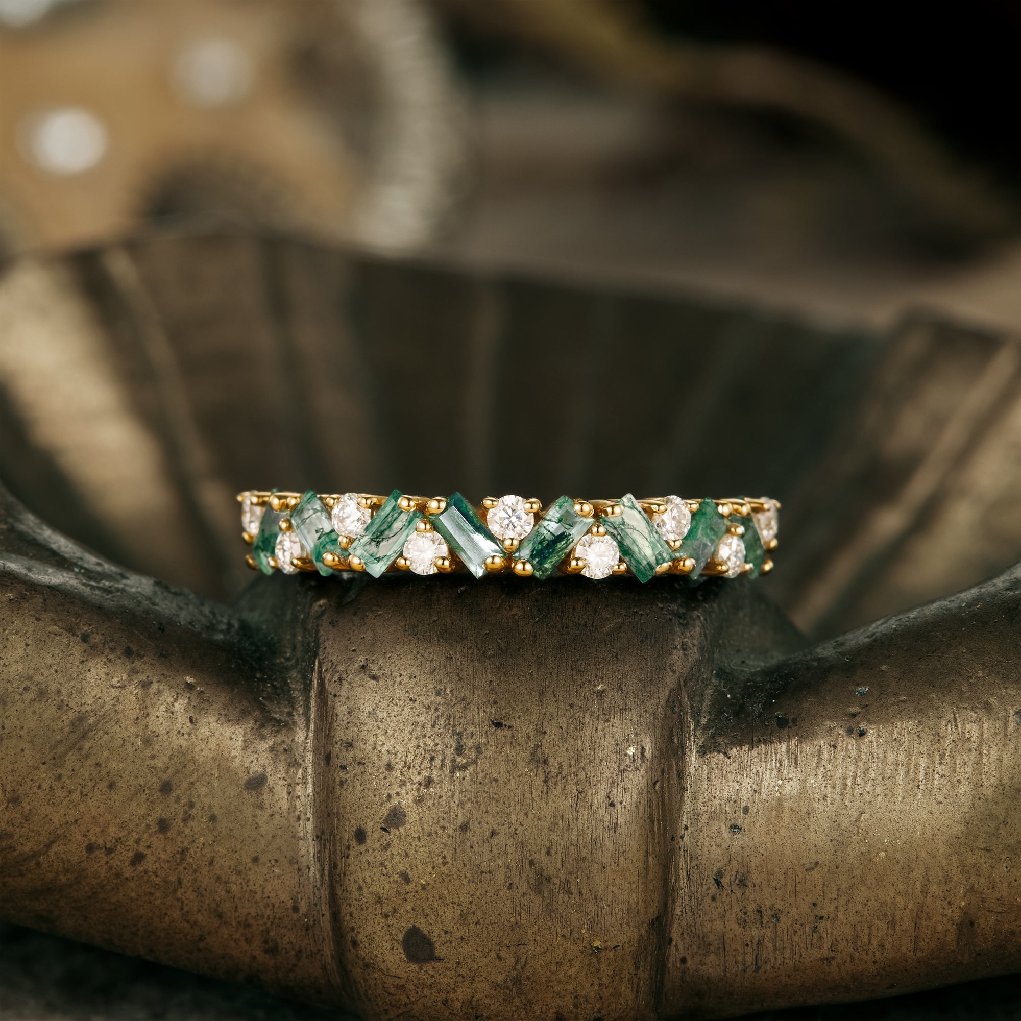 Moissanite and Moss Agate Alternating Wedding Band