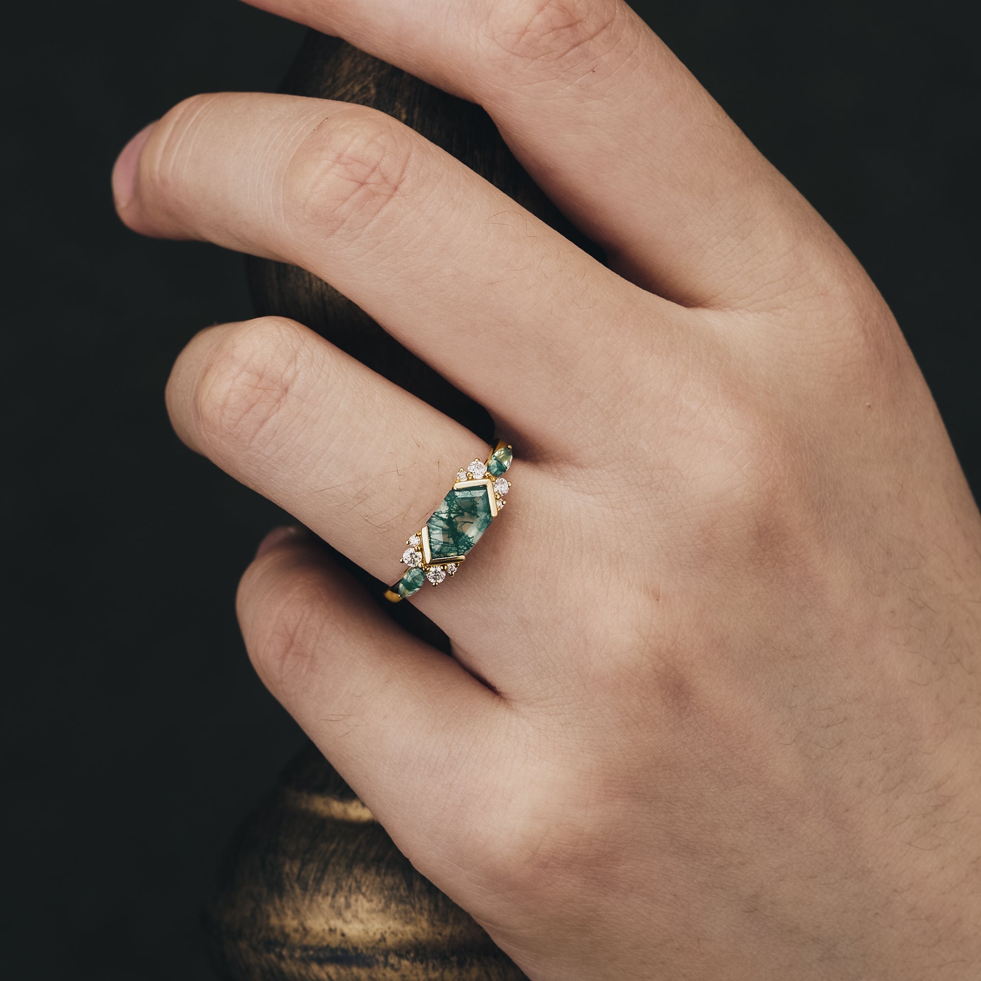Unique Long Hexagon Moss Agate Engagement Ring | AurumLuminos
