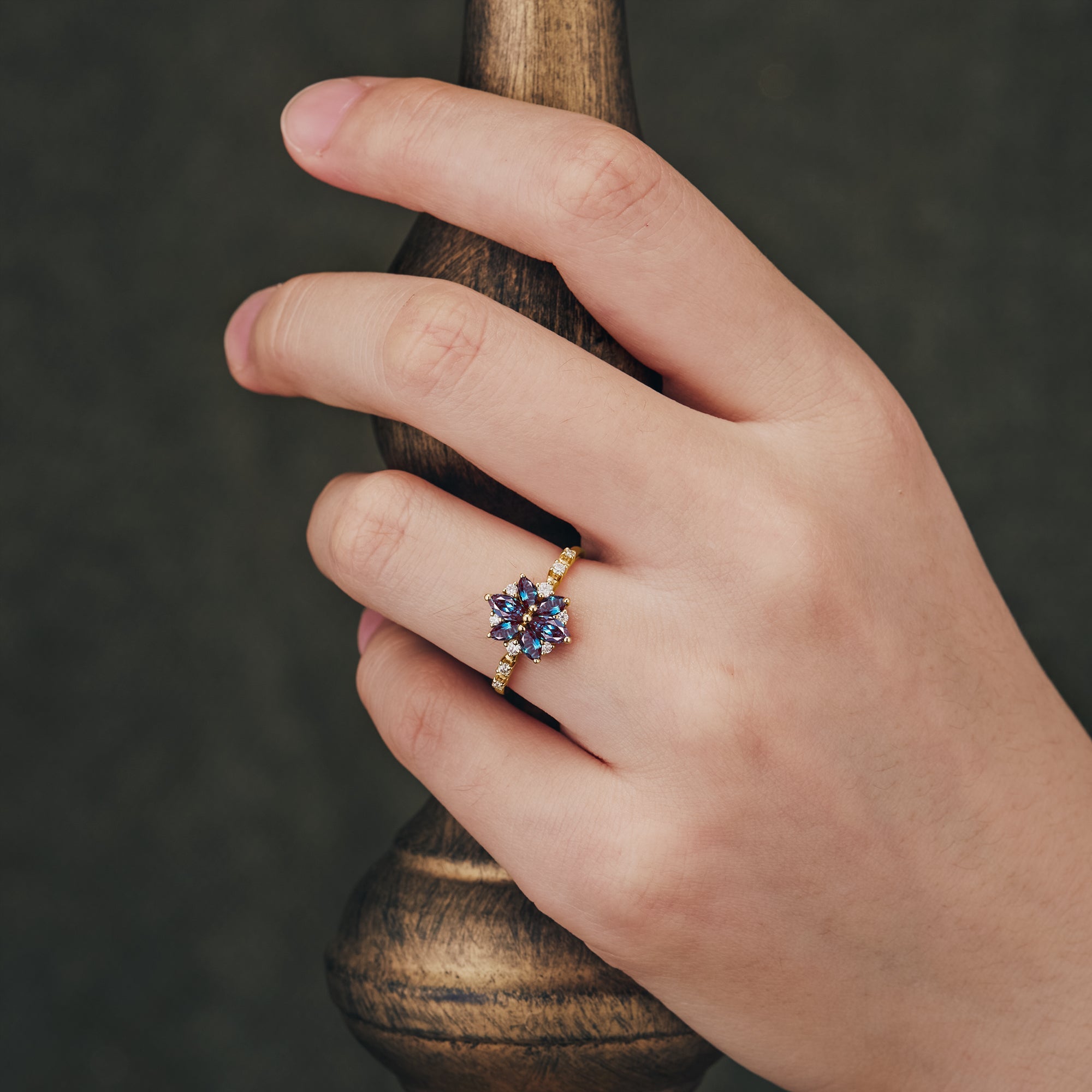 Chrysanthemum Inspired Six-Stone Ring Custom Alexandrite Flower Ring for women gift