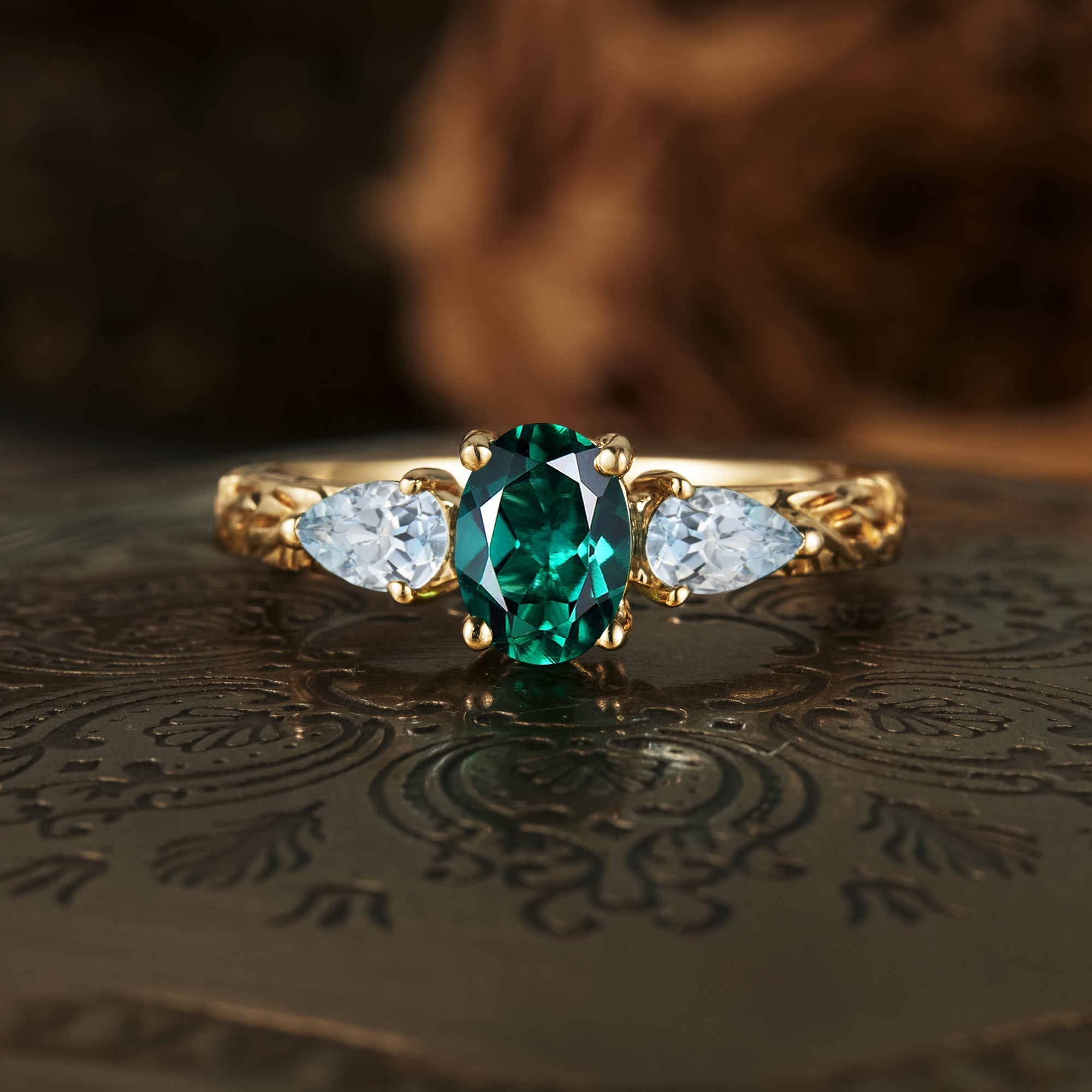 Oval Emerald&Aquamarine Cluster Engagement Ring art rings custom
