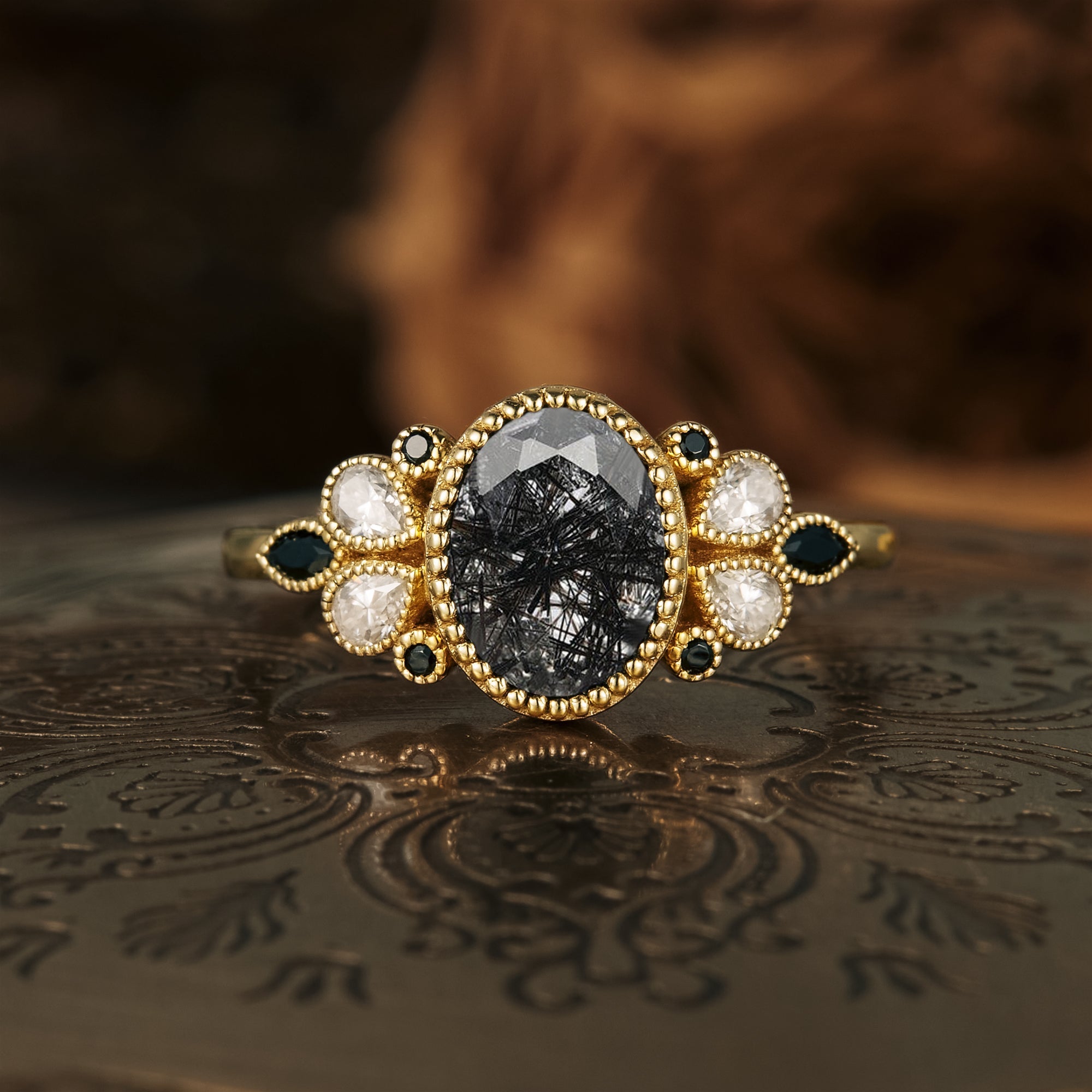Vintage Black Rutilated Quartz Engagement Rings For Women | AurumLuminos
