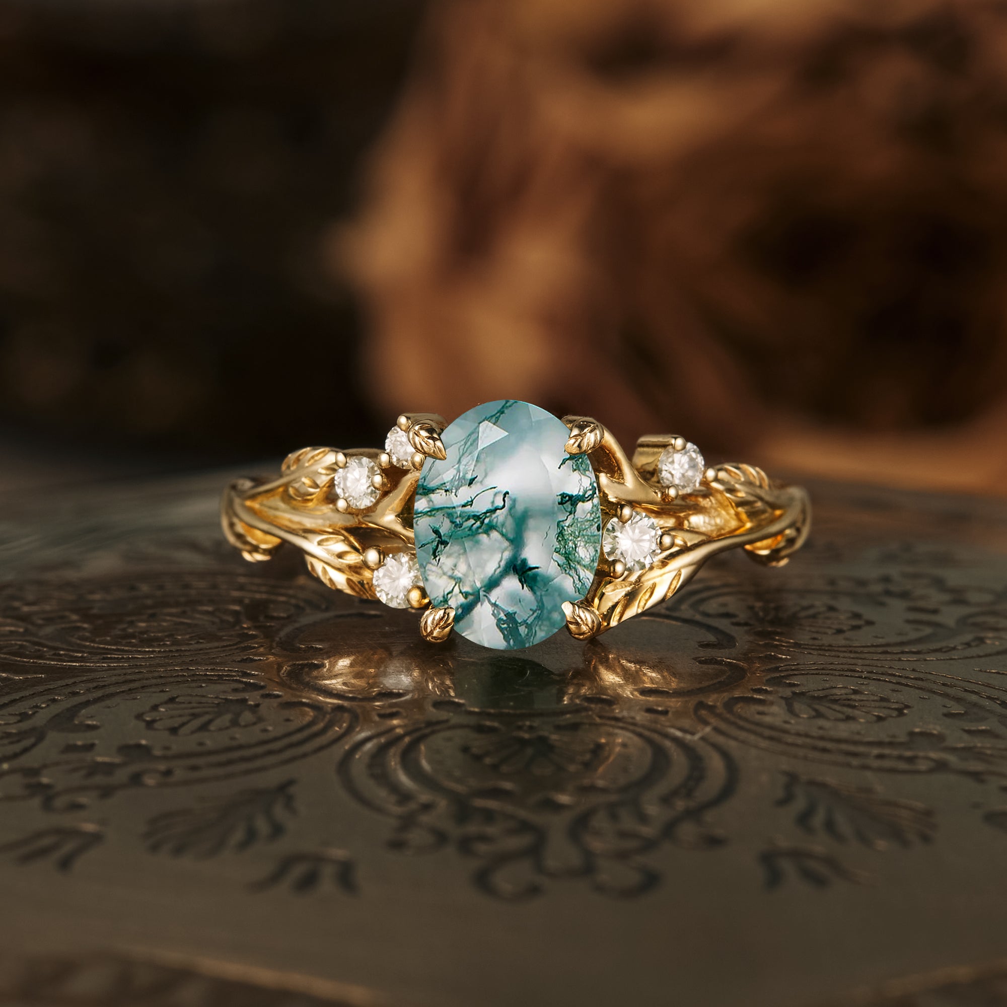 Vintage Moss Agate Leaf Floral Engagement Ring | AurumLuminos custom GOLD RINGS FOR WOMEN