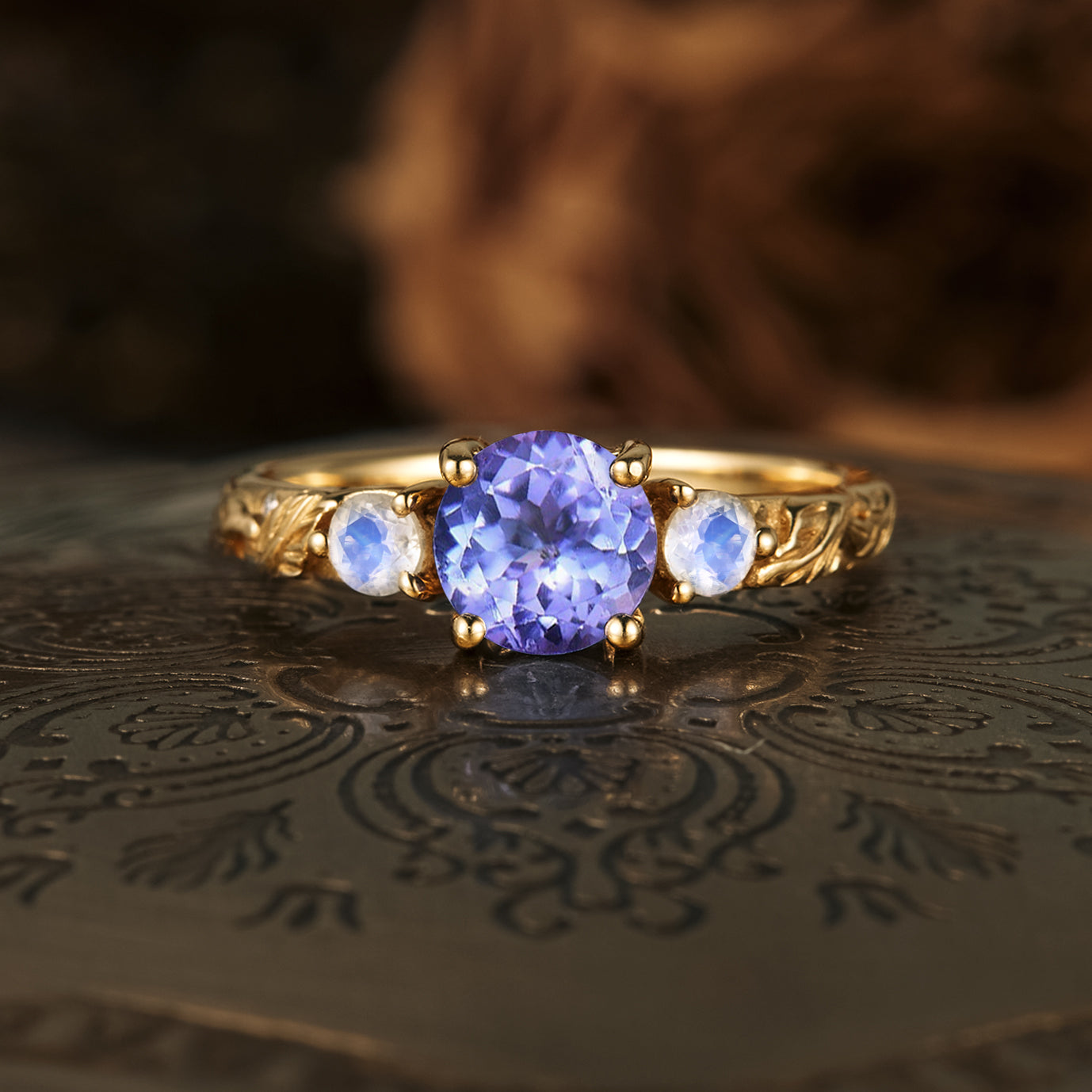 Round Tanzanite Moonstone Cluster Engagement Ring custom ring for women