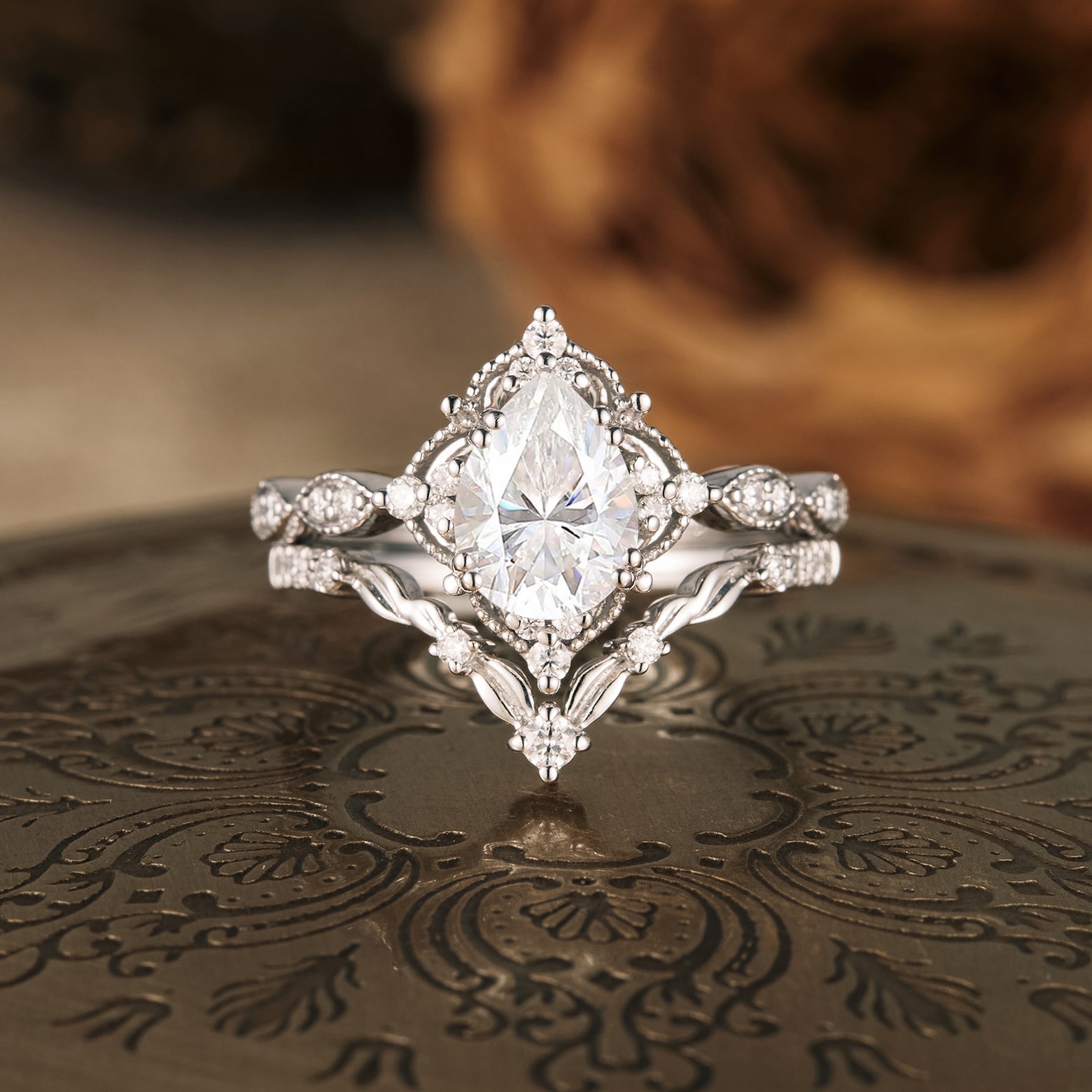 Pear Vintage Ring Set 2pcs Custom Retro Rings For Women | AurumLuminos white gold ring