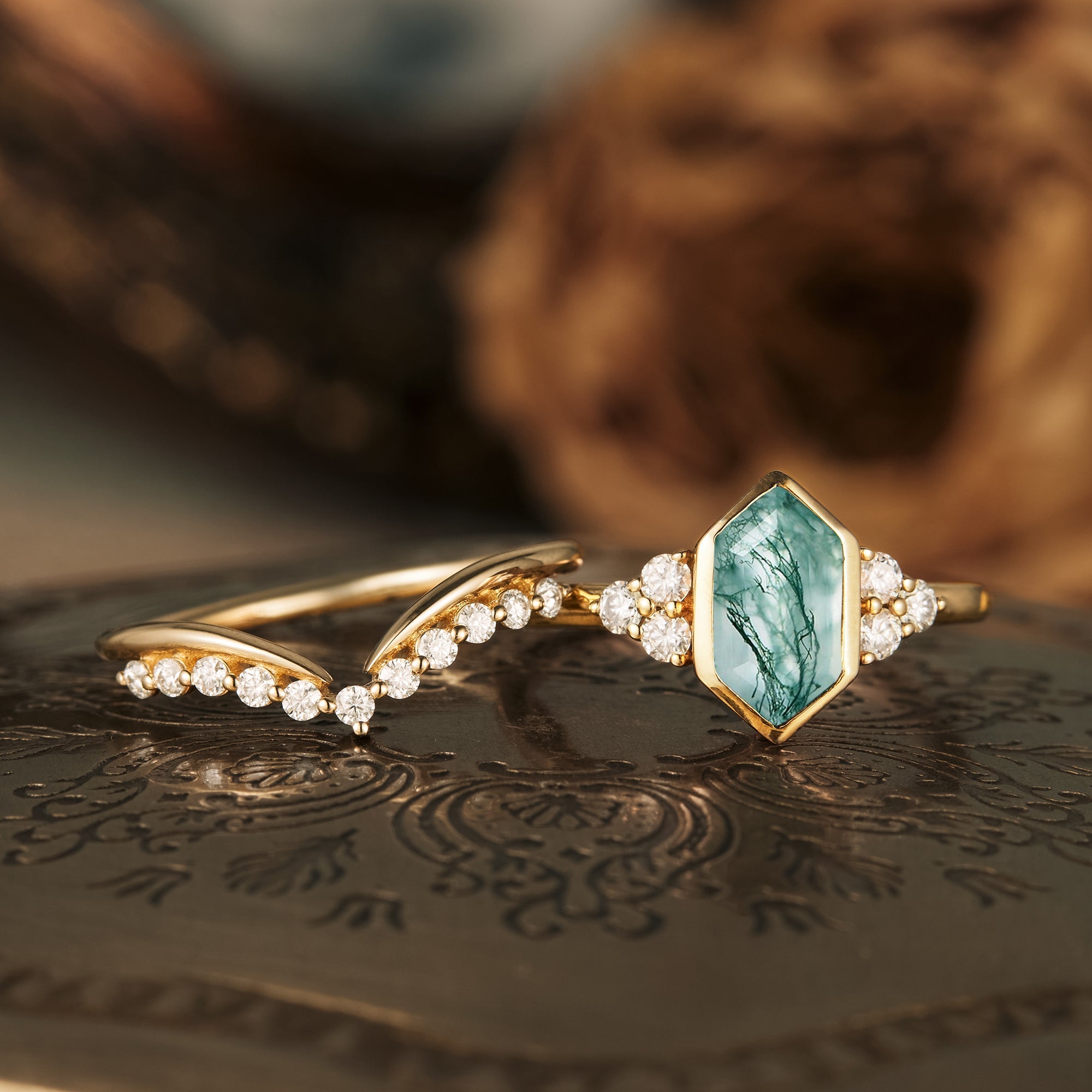 Vintage Moss Agate Engagement Ring Set For Wome Jewelry | AurumLuminos handmade custom rings for women