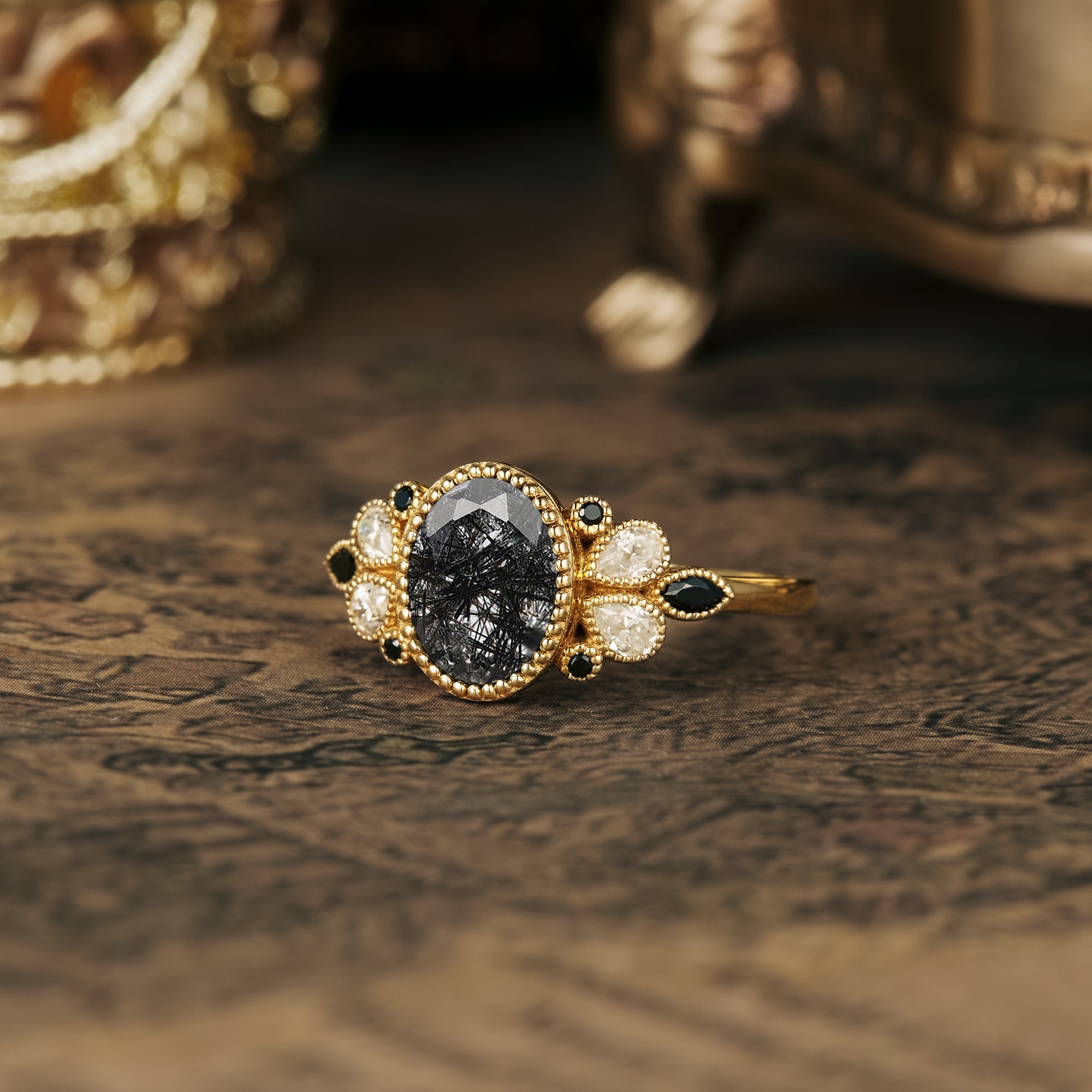 Vintage Black Rutilated Quartz Engagement Rings For Women | AurumLuminos CUSTOM RING