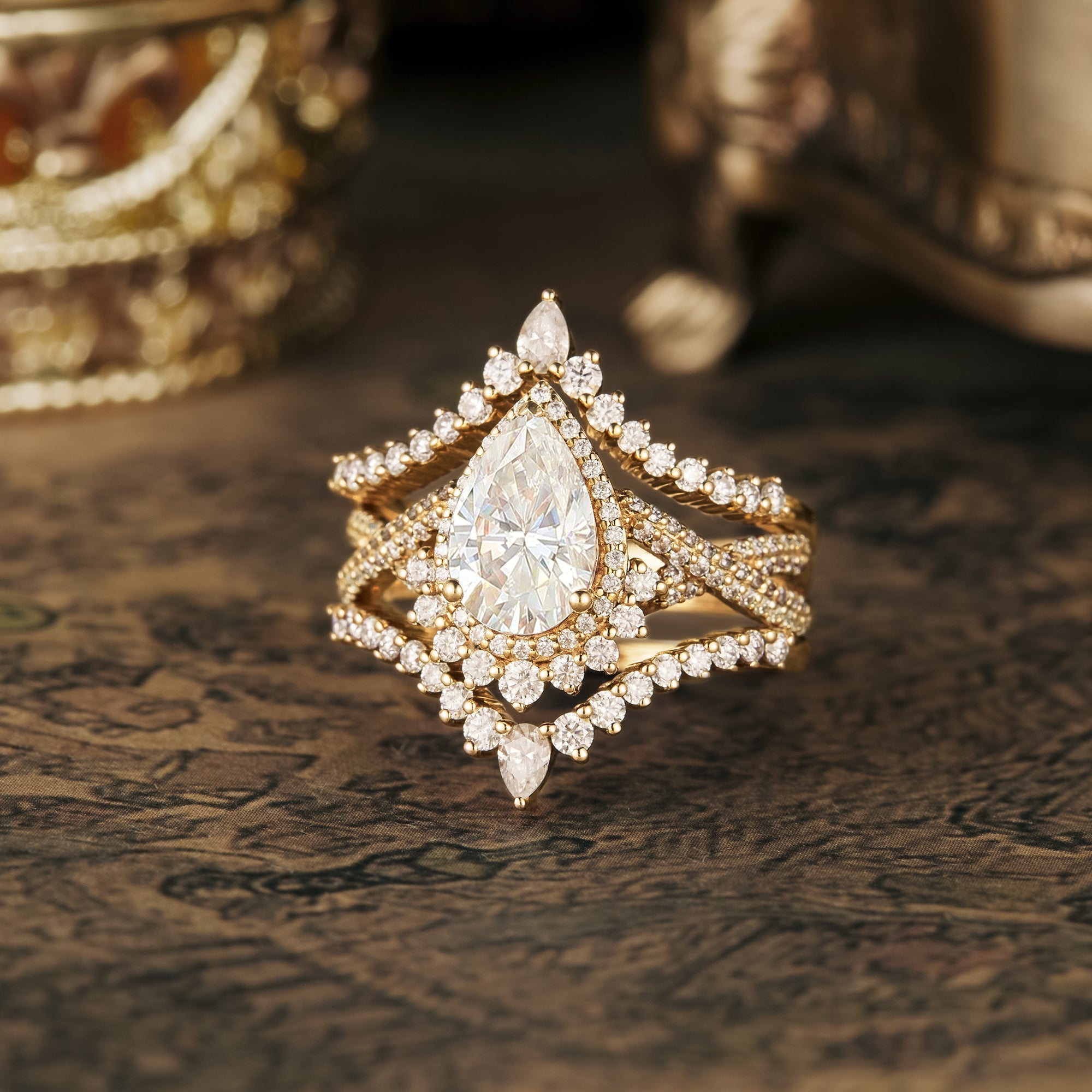 Gorgeous Pear Cut Moissanite Engagement Ring Set 3pcs anniversary ring
