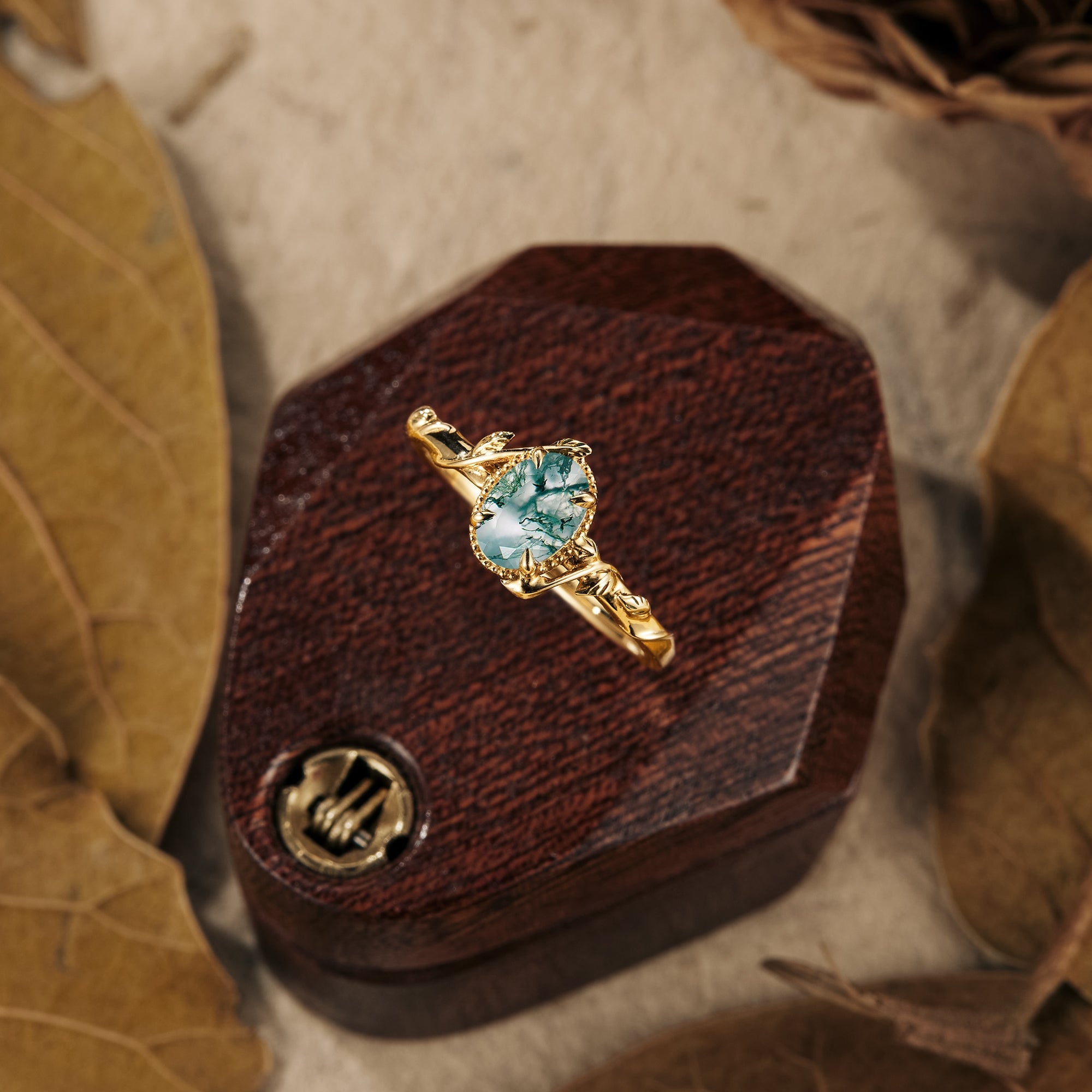 Oval Moss Agate Natural Inspired Leaf Engagement Ring aurumluminos custom rings handmade gold jewelry