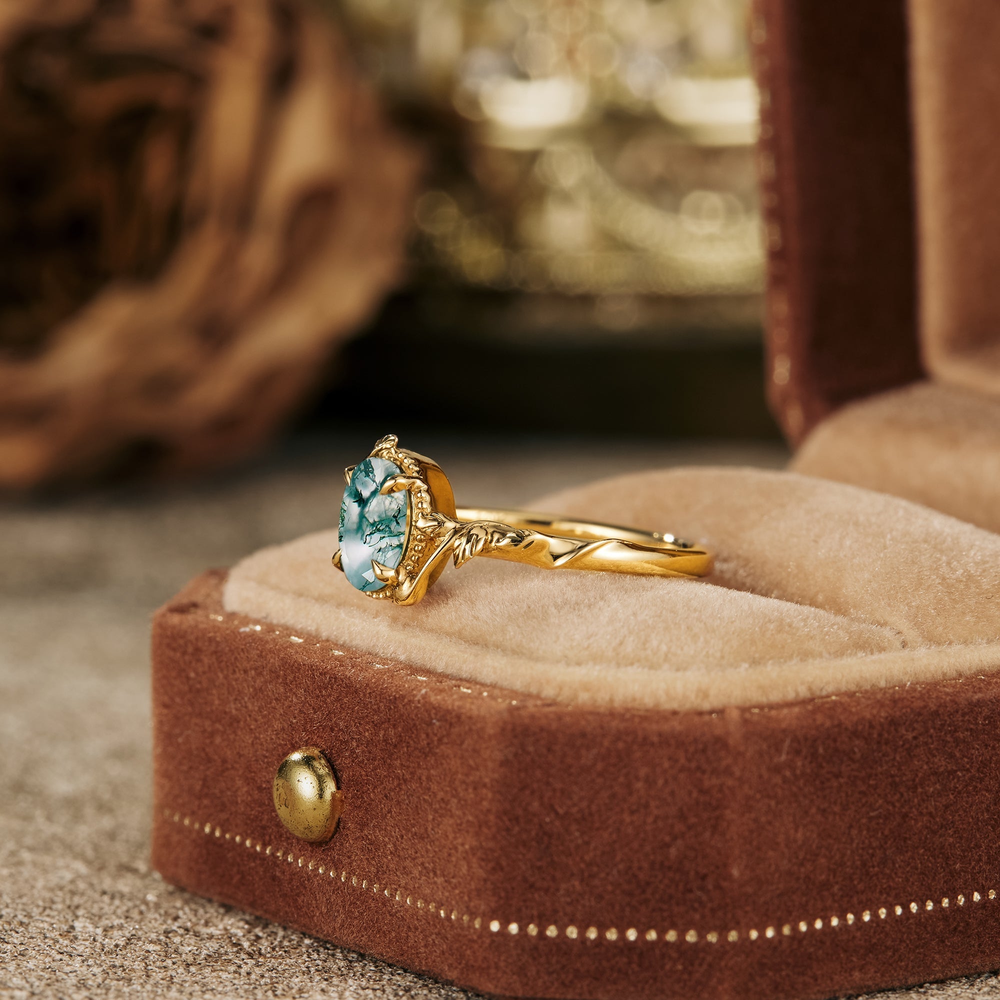 Oval Moss Agate Natural Inspired Leaf Engagement Ring aurumluminos custom rings handmade gold jewelry