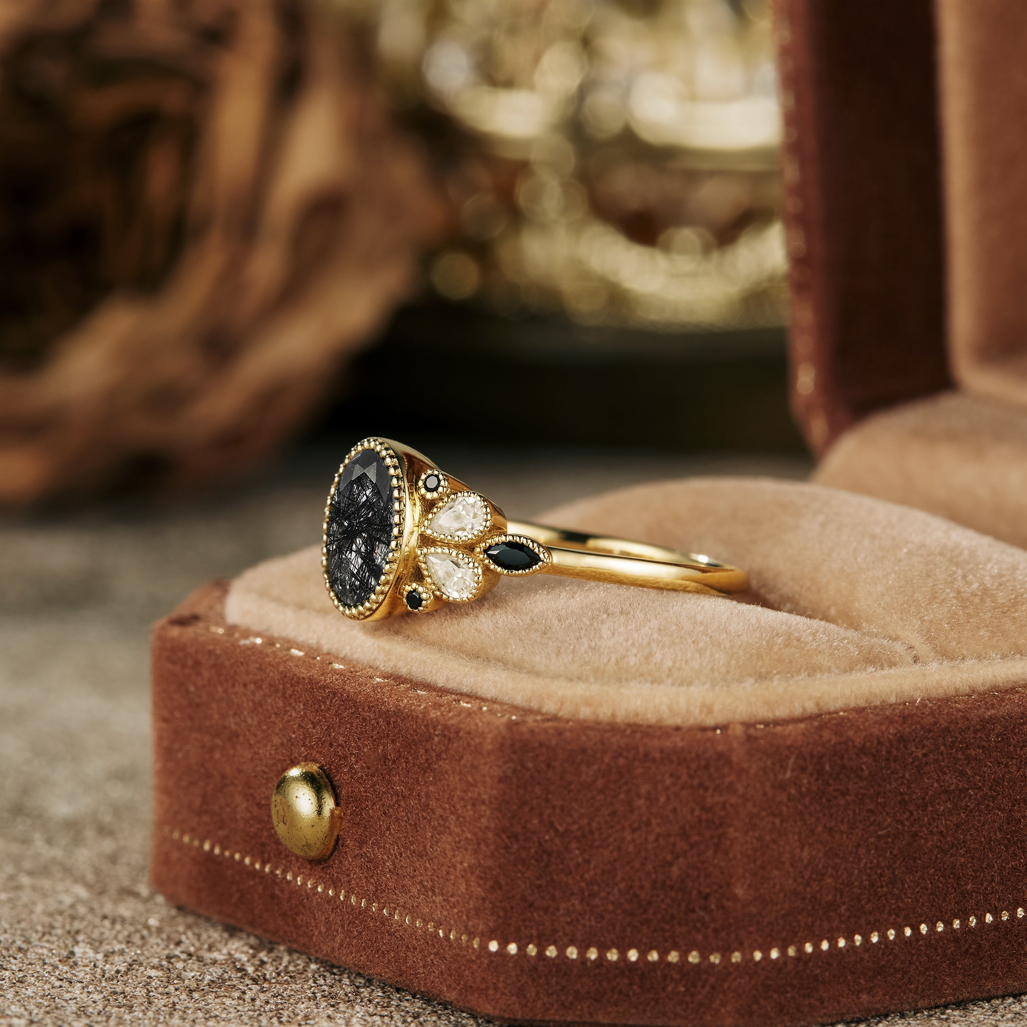 Vintage Black Rutilated Quartz Engagement Ring 18k Gold Ring