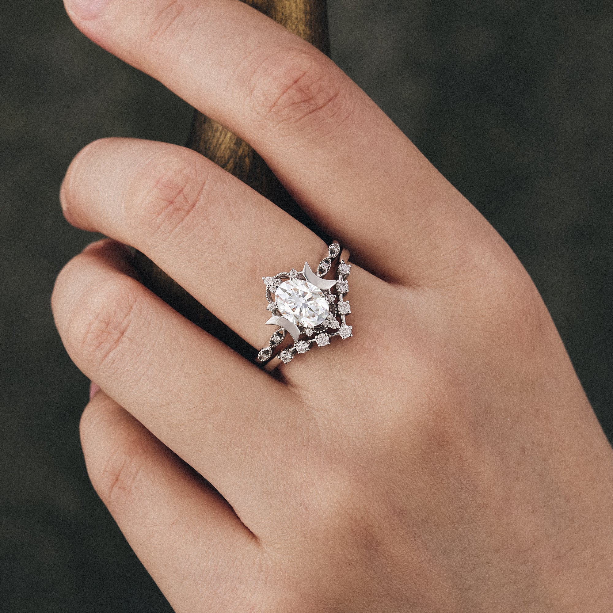 Moon Inspired Moissanite Engagement Ring Set White Gold | AurumLuminos custom engagement rings for women