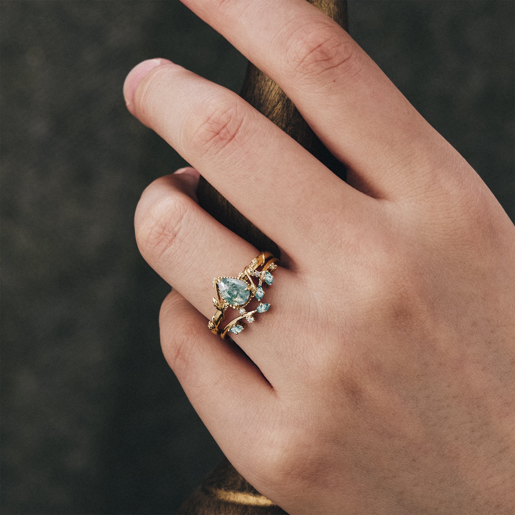 Pear Shaped Moss Agate Cluster Leaf Engagement Ring Set 2pcs art design custom ring for women gift anniversary rings