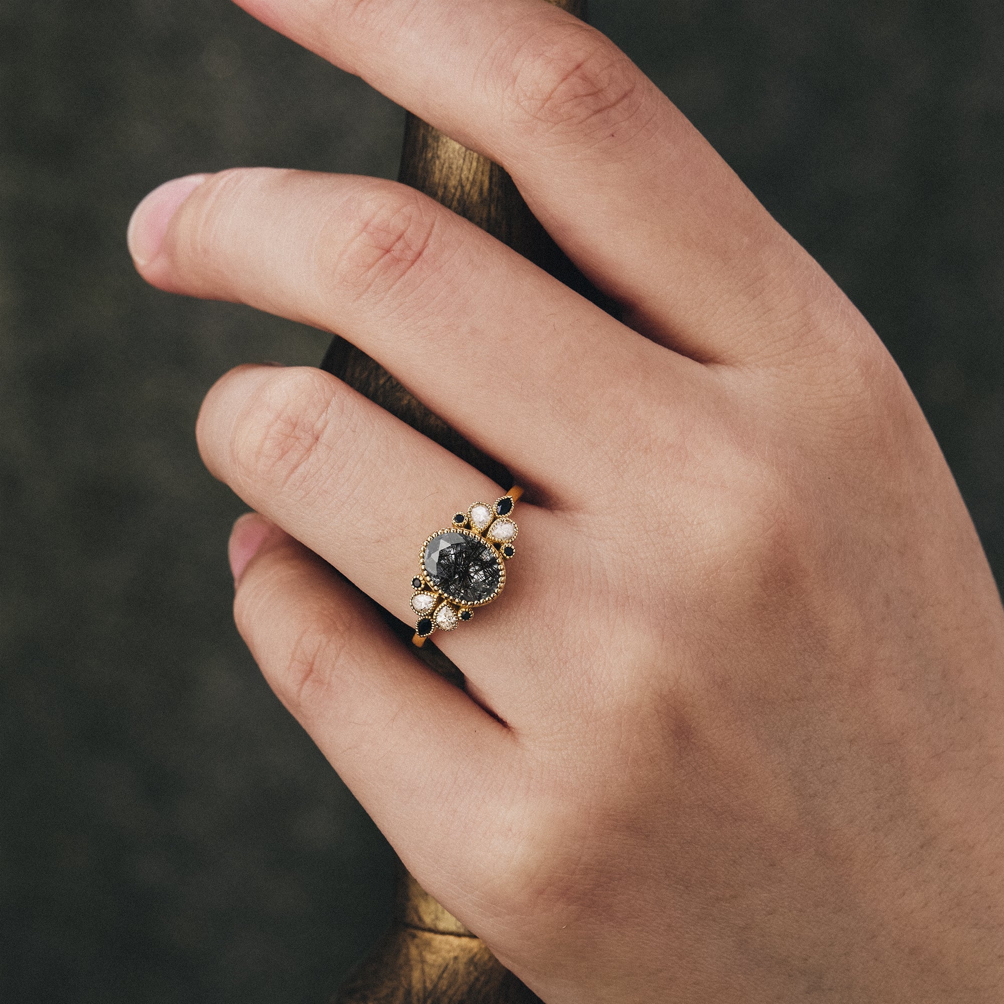 Vintage Black Rutilated Quartz Engagement Ring 18k Gold Ring