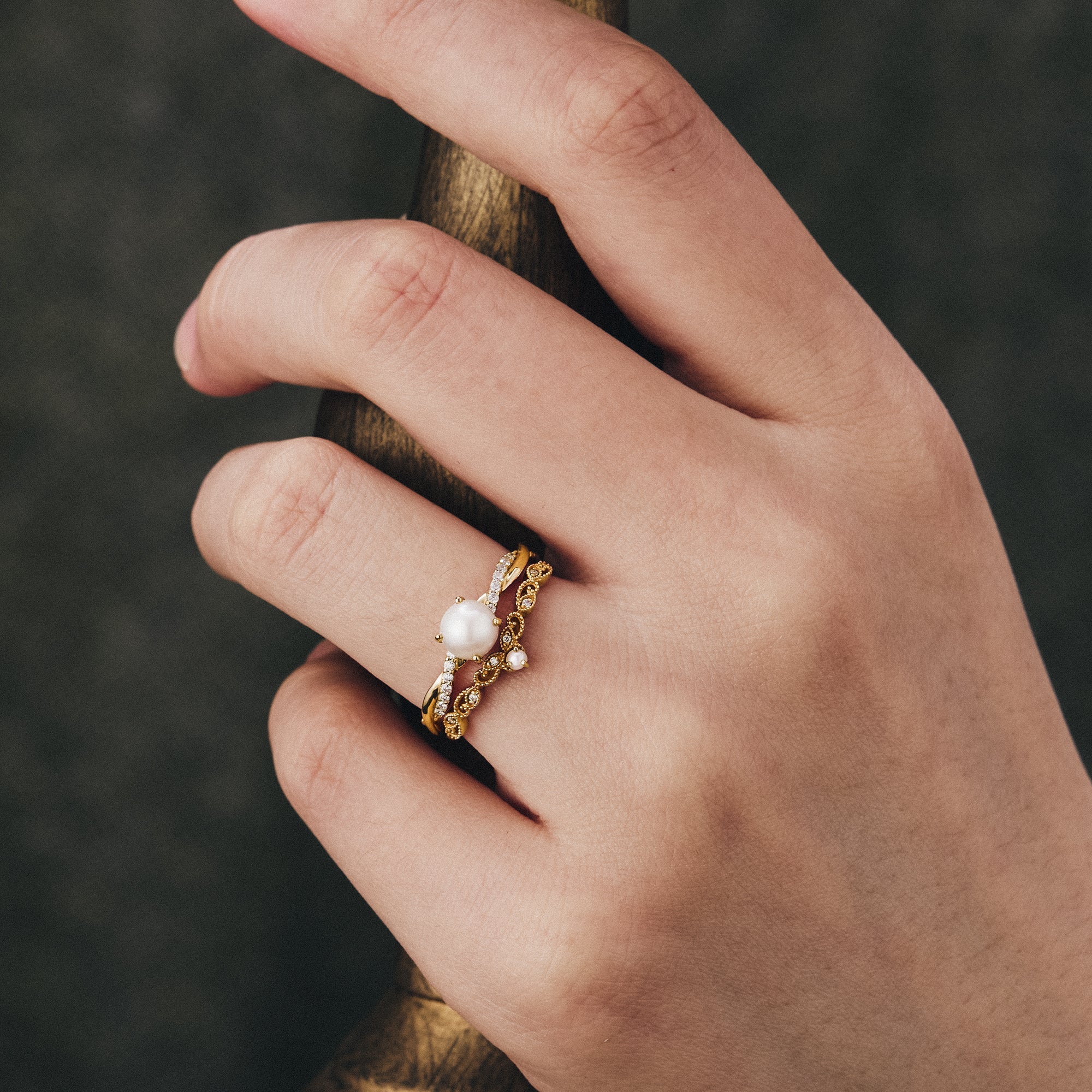 Vintage Graceful Pearl Engagement Ring Set 2pcs For women ring
