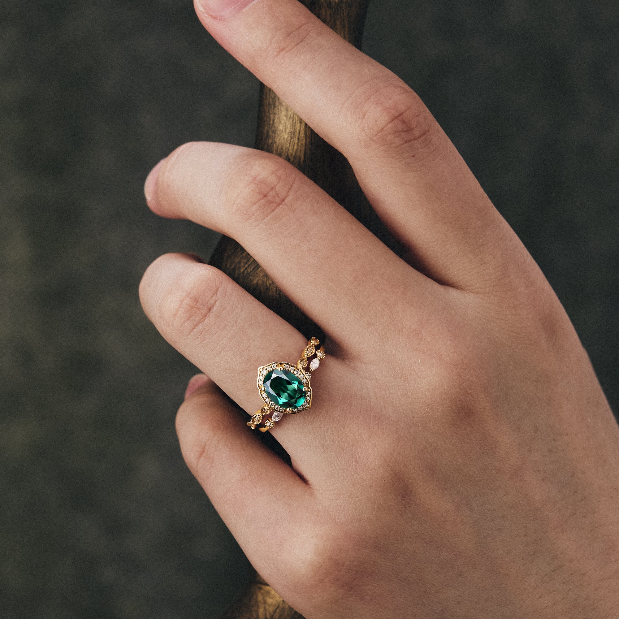 AurumLuminos Vintage Emerald Halo Ring Set 2pcs - Custom Gold Rings FOR WOMEN
